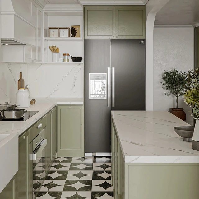 green and white kitchen