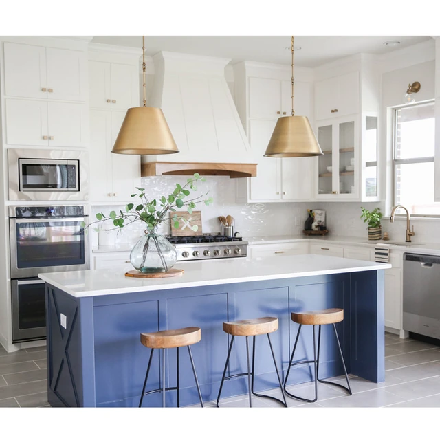 White Kitchen with Blue Island